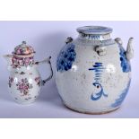 A LARGE 18TH CENTURY CHINESE EXPORT FAMILLE ROSE SPARROW BEAK JUG Qianlong, together with a blue an