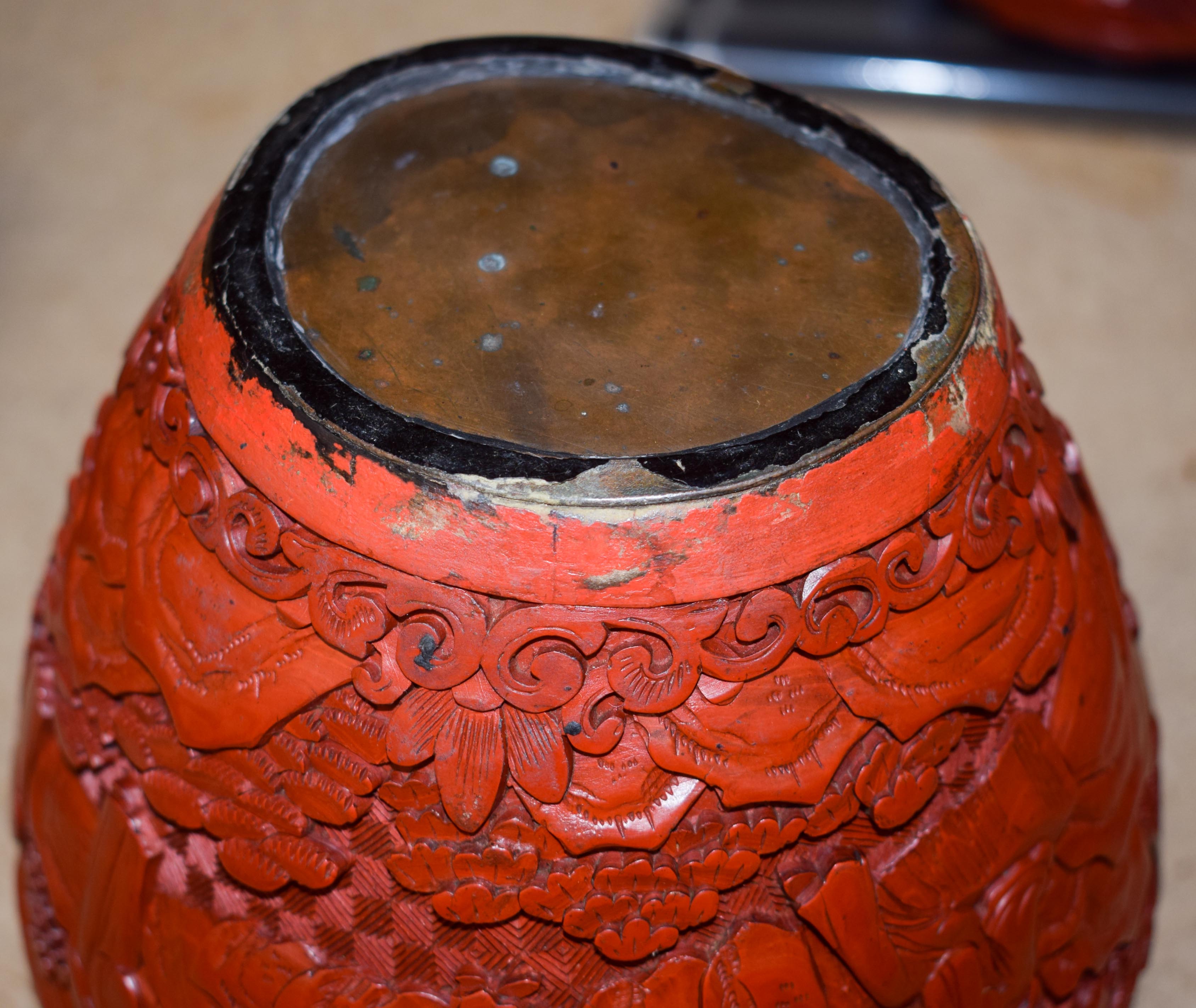 A RARE 19TH CENTURY CHINESE CARVED CINNABAR LACQUER VASE AND COVER Qing, upon a fitted stand. 37 cm - Image 10 of 20