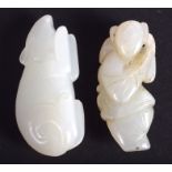 TWO CHINESE CARVED WHITE JADE FIGURES 20th Century. Largest 3 cm wide. (2)