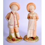 Royal Worcester blush ivory pair of figures of a boy and girl as salt and pepper shakers after Jame
