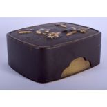 A 19TH CENTURY JAPANESE MEIJI PERIOD IRON AND BRONZE BOX decorated in golf relief with birds. 8.5 c