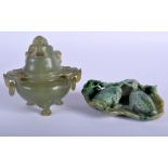 AN EARLY 20TH CENTURY CHINESE CARVED JADEITE BRUSH WASHER formed with toads holding coinage, togeth