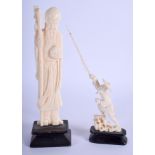 AN EARLY 20TH CENTURY CHINESE CARVED IVORY IMMORTAL together with another. Largest ivory 14 cm high