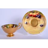 Royal Worcester fruit painted teacup and saucer with shaped rims both signed by H. Ayrton, date cod