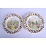 Derby King St. factory shaped circular plates painted with a garden in summer one with a fountain,