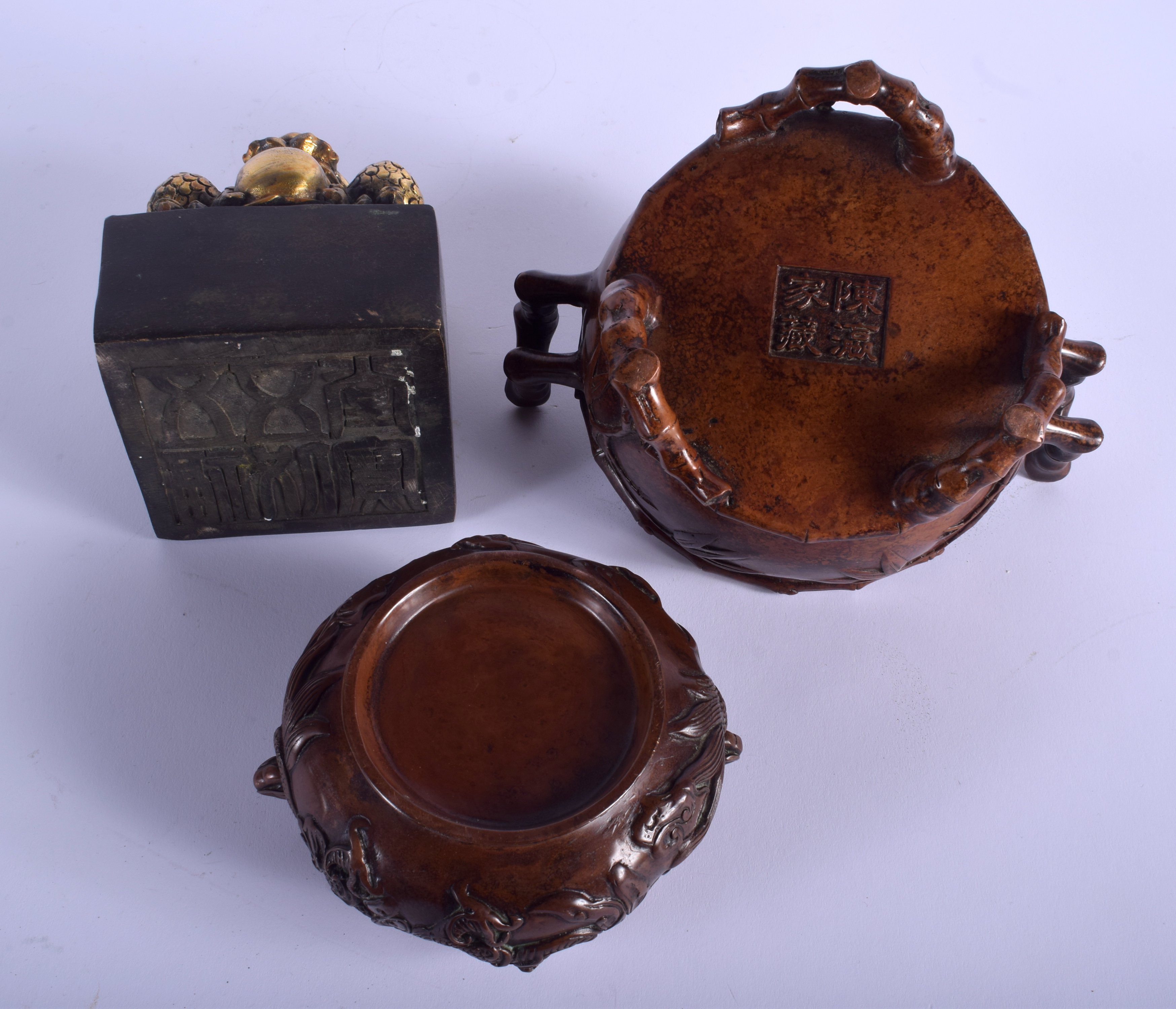 A CHINESE TWIN HANDLED BAMBOO FORM BRONZE CENSER 20th Century, together with a censer & seal. Large - Image 3 of 3