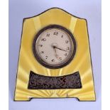 AN ART DECO CONTINENTAL SILVER AND ENAMEL EIGHT DAY DESK CLOCK. 12 cm x 9 cm.