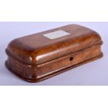 A 19TH CENTURY OLIVEWOOD STAMP BOX with bone inset plaque. 9.5 cm x 5 cm.
