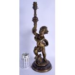 A 19TH CENTURY EUROPEAN BRONZE FIGURE OF A STANDING BOY modelled holding aloft a cornucopia. 45 cm