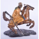 A 19TH CENTURY AUSTRIAN COLD PAINTED BRONZE FIGURE OF A REARING HORSE modelled with a hunter upon i