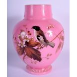 A LATE VICTORIAN/EDWARDIAN PINK OPALINE GLASS VASE enamelled with birds. 21 cm x 13 cm.