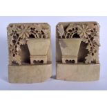 A PAIR OF 19TH CENTURY CHINESE CARVED SOAPSTONE BOOKENDS Late Qing. 12 cm x 10 cm.