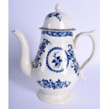 Liverpool coffee pot and cover painted in blue with flowers. 21Cm high