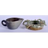 A 19TH CENTURY CHINESE CARVED JADEITE BRUSH WASHER together with an agate cup. 11 cm wide. (2)