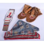 A PAIR OF NORTH AMERICAN TRIBAL MOCCASINS together with a ladies scarf. (3)