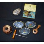 Fishing flies, and related glass dishes together with some treen items,