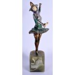 AN ART DECO COLD PAINTED SPELTER FIGURE OF A DANCING GIRL modelled upon an onyx base. 24 cm high.