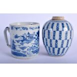 AN 18TH CENTURY CHINESE EXPORT BLUE AND WHITE MUG Qianlong, together with a calligraphy jar. Larges