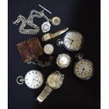 A collection of pocket watches , watches and a silver watch chain