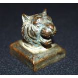 A small Chinese tigers head bronze seal 3 x 4cm