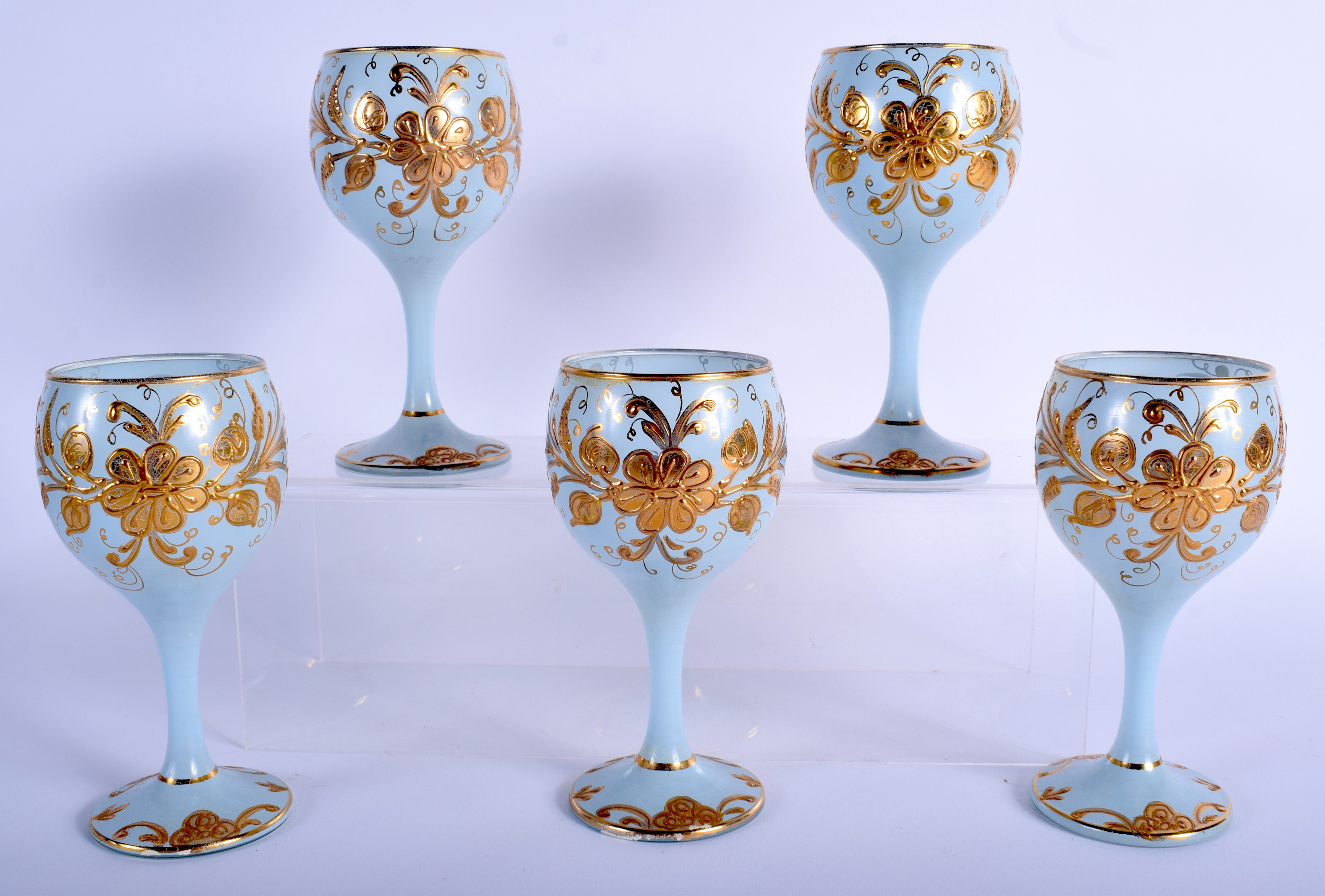 FIVE UNUSUAL VINTAGE MIDDLE EASTERN BLUE GOBLETS decorated with portraits. 14.5 cm high. - Image 2 of 2