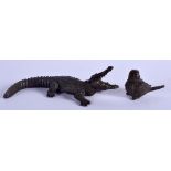 A JAPANESE BRONZE CROCODILE OKIMONO together with a small bird okimono. Largest 13 cm wide. (2)