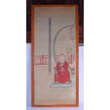 A LARGE 19TH CENTURY CHINESE PAINTED WATERCOLOUR Qing, depicting a seated scholar within a red fenc