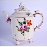 18th c Ludwigsburg three footed teapot and cover with lion finial painted with flowers. 17cm high