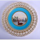 Late 19th c. Minton plate painted with Chelsea Hospital from the Thames under a turquoise and pier