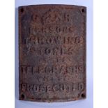 AN ANTIQUE STONE THROWING PROSECUTION IRON PLAQUE. 20 cm x 15 cm.