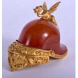 A FINE 19TH CENTURY ENGLISH ORMOLU AND AGATE HELMET probably a desk accessory, with dragon finial.