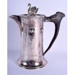 AN ARTS AND CRAFTS HAMMERED SILVER PLATED SWAN TEAPOT with horn handle. 22.5 cm high.