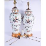 A LARGE PAIR OF 19TH CENTURY SAMSONS OF PARIS VASES AND COVERS converted to lamps. Vase 41 cm high.