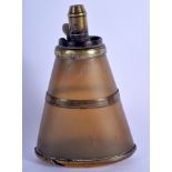 A 19TH CENTURY MIDDLE EASTERN CARVED RHINOCEROS HORN POWDER FLASK with brass mounts. 12 cm x 8 cm.