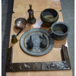 Group of miscellaneous metal items fire surround, Islamic dish quantity