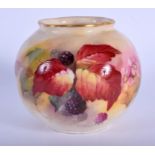 Royal Worcester spherical moulded vase painted with autumnal leaves and berries by Kitty Blake sign