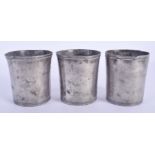 THREE 18TH/19TH CENTURY PEWTER BEAKERS. 8.5 cm high. (3)