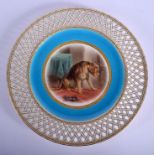 Late 19th c. Minton plate painted with a hound dog under a turquoise and pierced border by Henry Mi