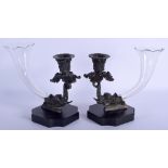 A PAIR OF EARLY 19TH CENTURY REGENCY BRONZE AND CRYSTAL GLASS CORNUCOPIA VASES formed as elephants