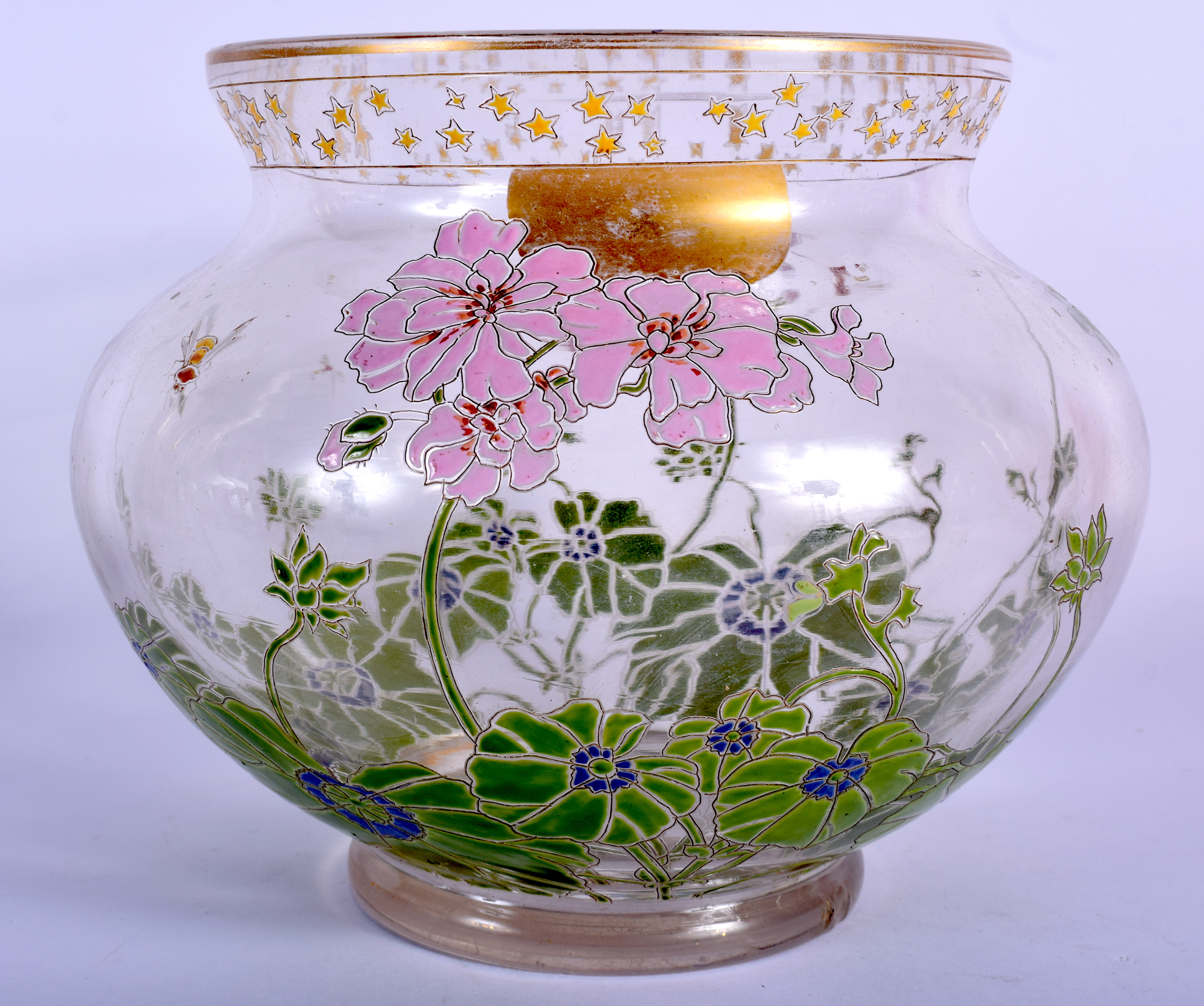 AN ART NOUVEAU ENAMELLED GLASS VASE painted with foliage and bees. 18 cm x 16 cm.