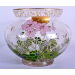 AN ART NOUVEAU ENAMELLED GLASS VASE painted with foliage and bees. 18 cm x 16 cm.
