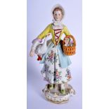 AN EARLY 20TH CENTURY GERMAN PORCELAIN FIGURE OF A FEMALE modelled holding a swan. 20.5 cm high.