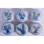 SIX CHINESE CA MAU CARGO PORCELAIN COSMETIC BOXES AND COVERS painted with flowers. 6.5 cm diameter.