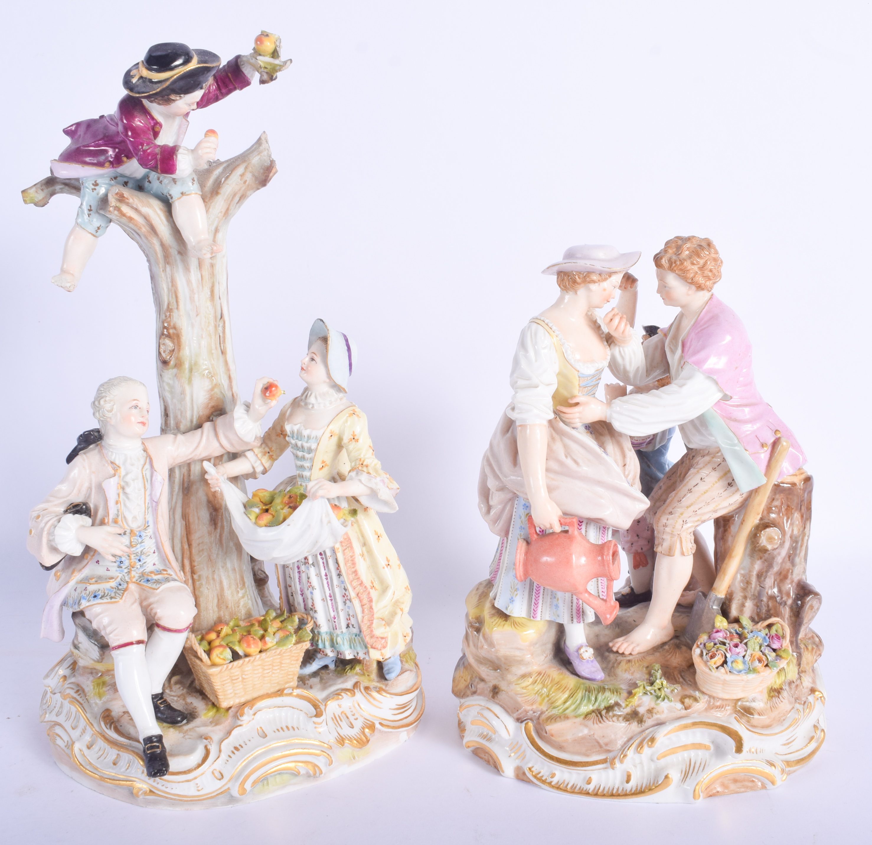 A LARGE 19TH CENTURY MEISSEN PORCELAIN FIGURE OF FRUIT PICKERS together with another Meissen figure