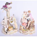 A LARGE 19TH CENTURY MEISSEN PORCELAIN FIGURE OF FRUIT PICKERS together with another Meissen figure