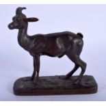 A 19TH CENTURY FRENCH BRONZE FIGURE OF A DEER modelled upon a rectangular base. 11 cm x 11 cm.
