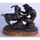 A 19TH CENTURY EUROPEAN BRONZE FIGURE OF PAN AND A GOAT modelled upon a sienna marble base. 24 cm x