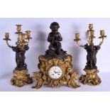 A LARGE 19TH CENTURY FRENCH BRONZE AND ORMOLU CLOCK GARNITURE formed as a putti playing pipes. Mant