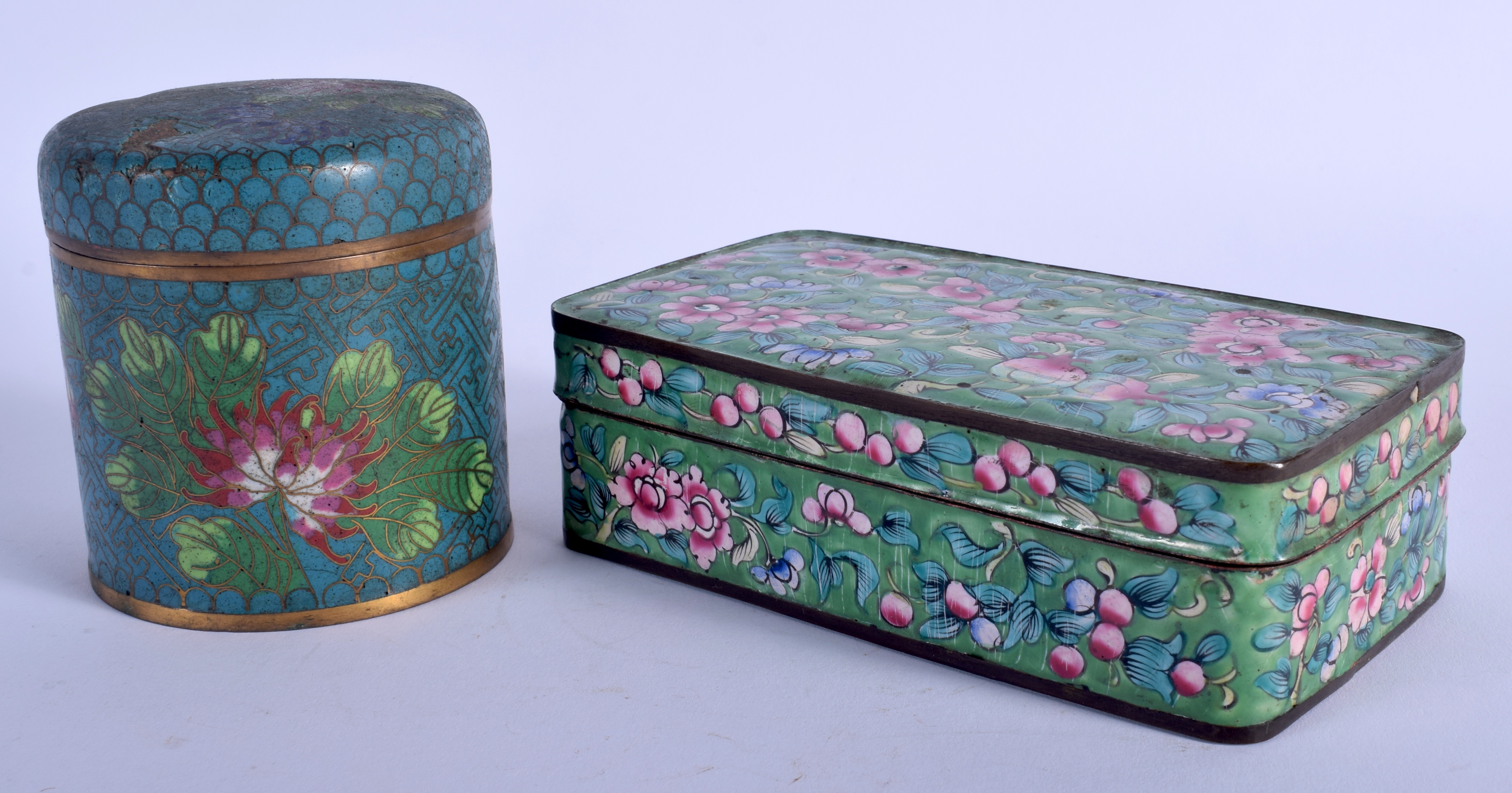 A 19TH CENTURY CHINESE CANTON ENAMEL BOX AND COVER Late Qing, together with a cloisonne box. Larges