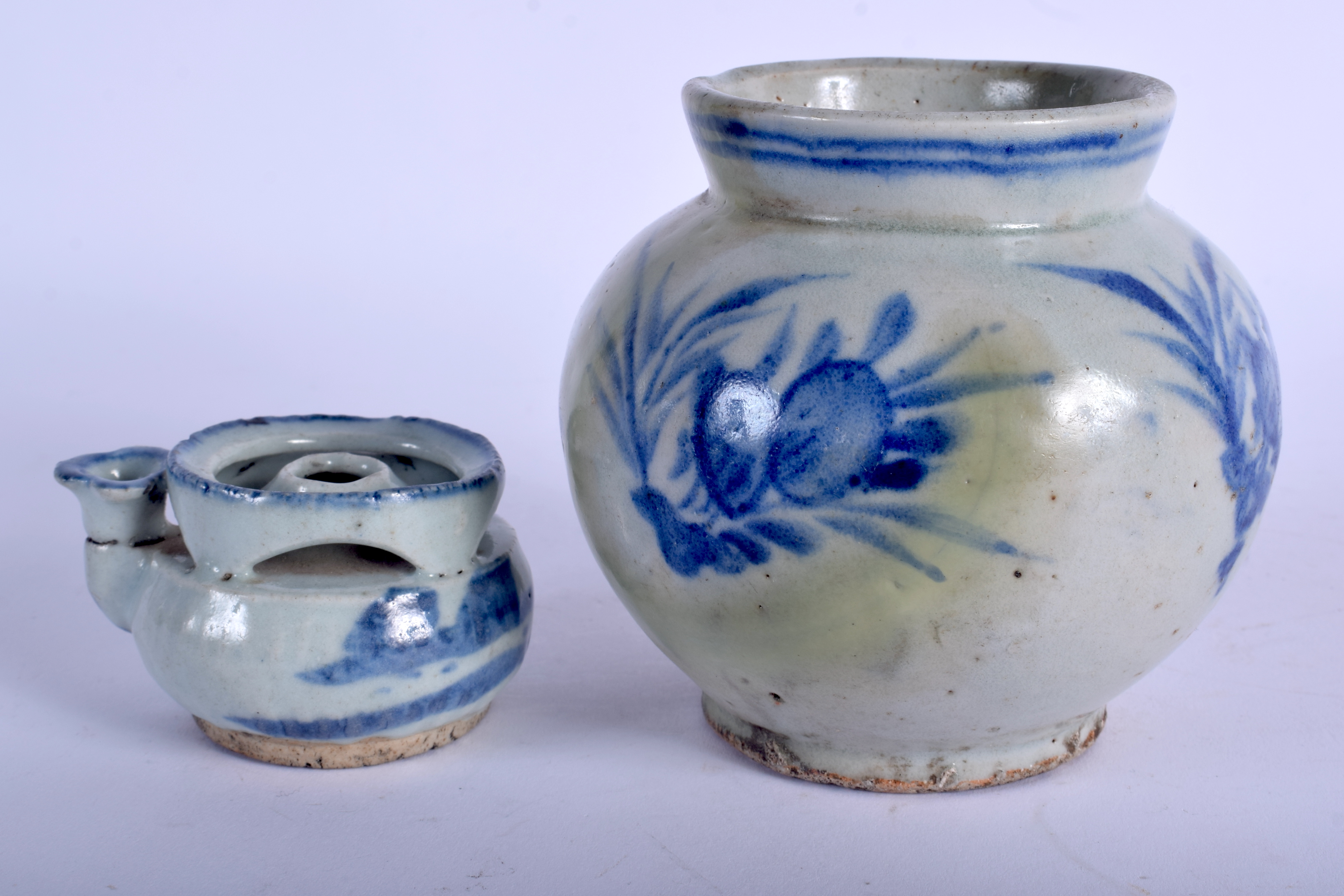 TWO 19TH CENTURY KOREAN BLUE AND WHITE STONEWARE VESSELS. Largest 12 cm x 8 cm. (2) - Image 2 of 3